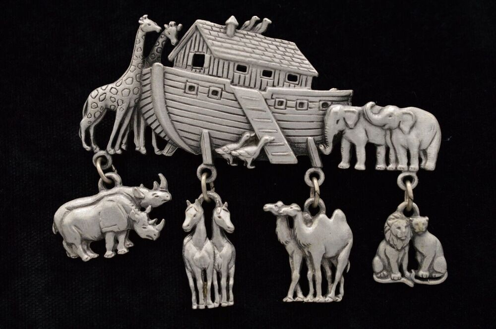 JJ Vintage Noah's Ark Charm Pin Brooch Dangle Chunky Silver NOS Signed 80s BinJ